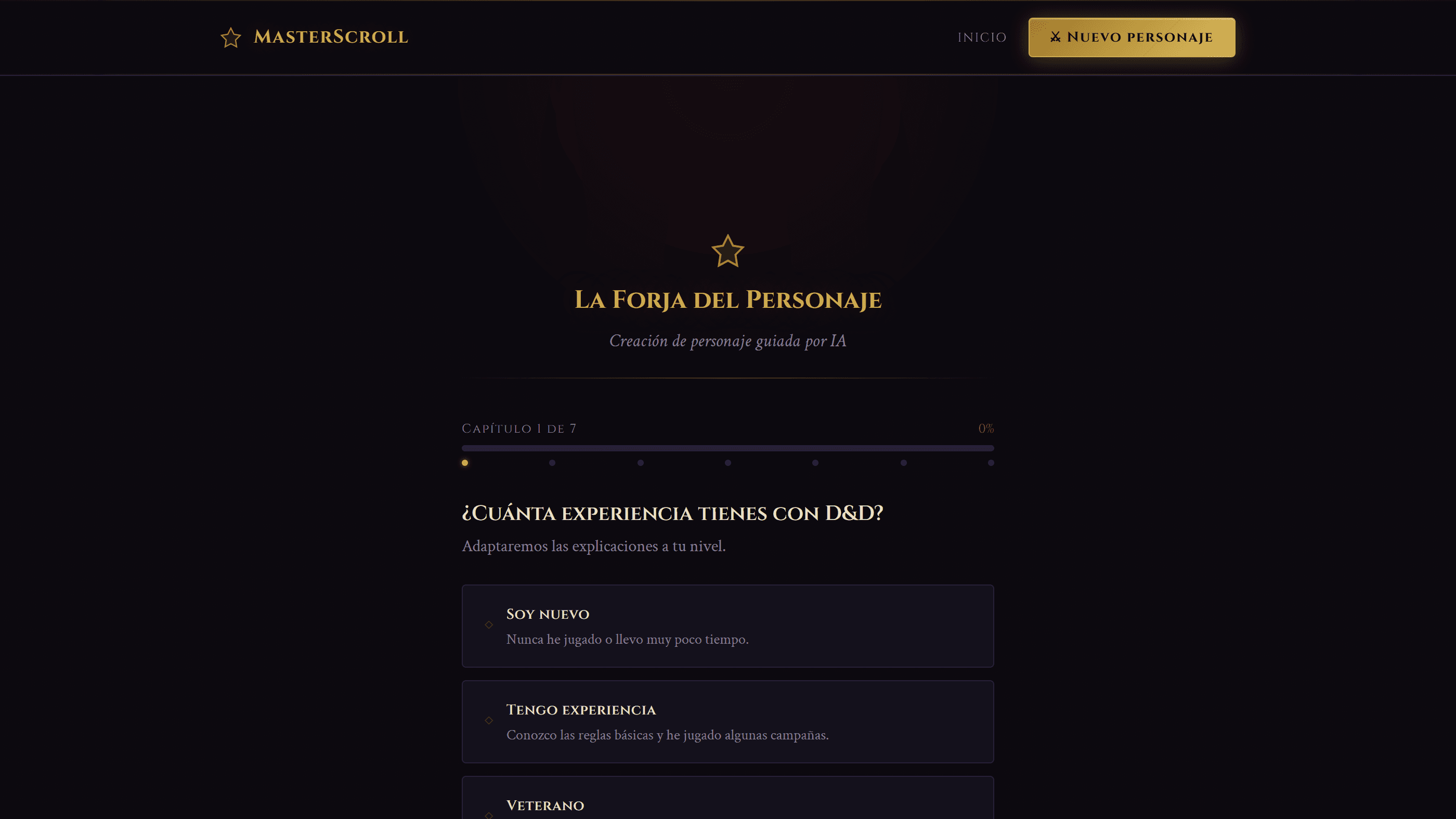 Onboarding de MasterScroll: capítulo 1 de 7, pregunta sobre la experiencia con D&D