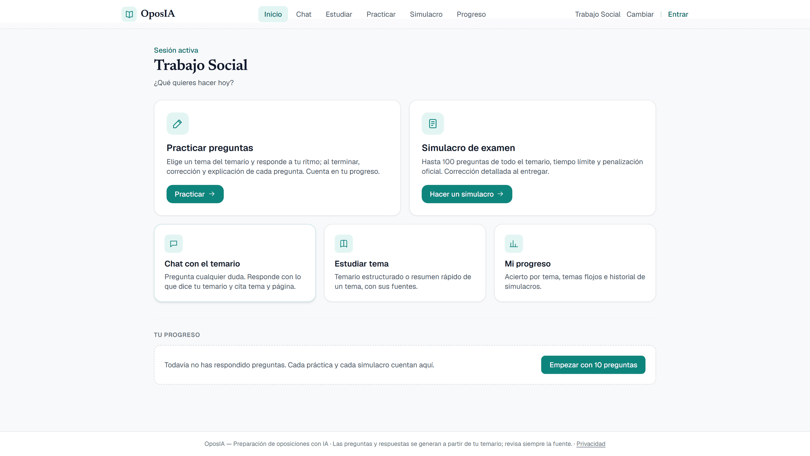 Panel de OposIA con los modos: chat con el temario, estudiar tema, practicar preguntas, simulacro de examen y progreso